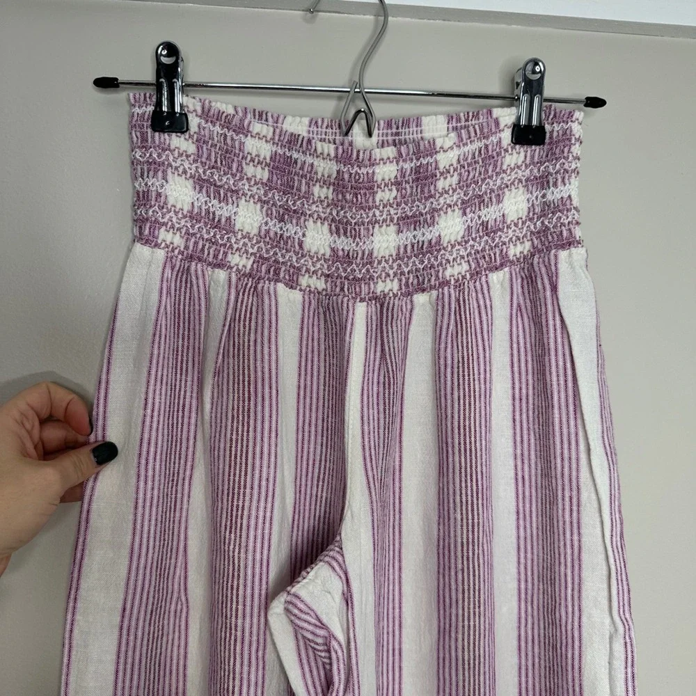 REWASH Women's Striped Smocked Waist Wide Leg High Rise Linen Blend Pants Size S